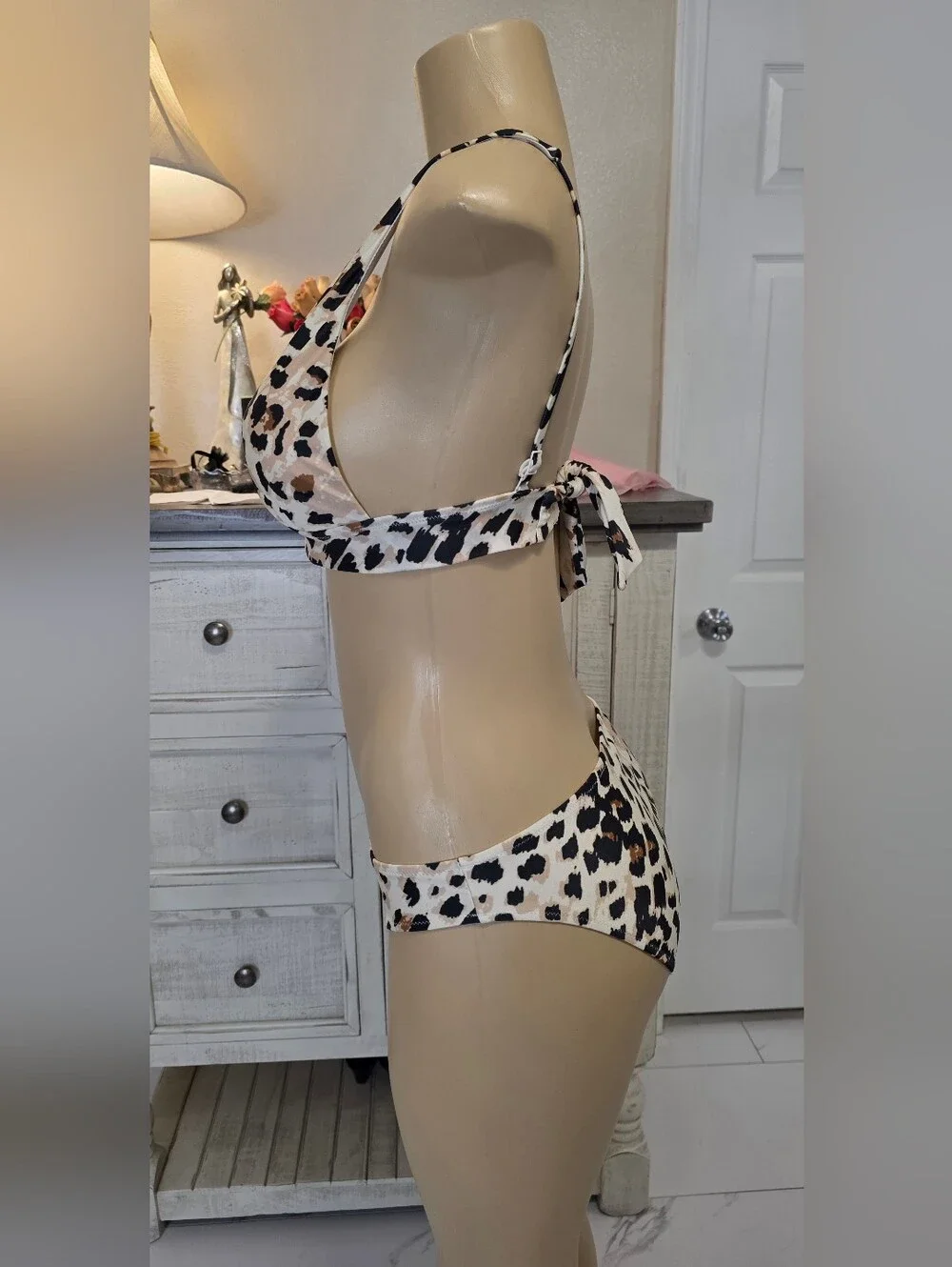 Aerie Leopard Print V-Neck Bikini Top and Bottom - Beige/Black - Picture 4 of 6